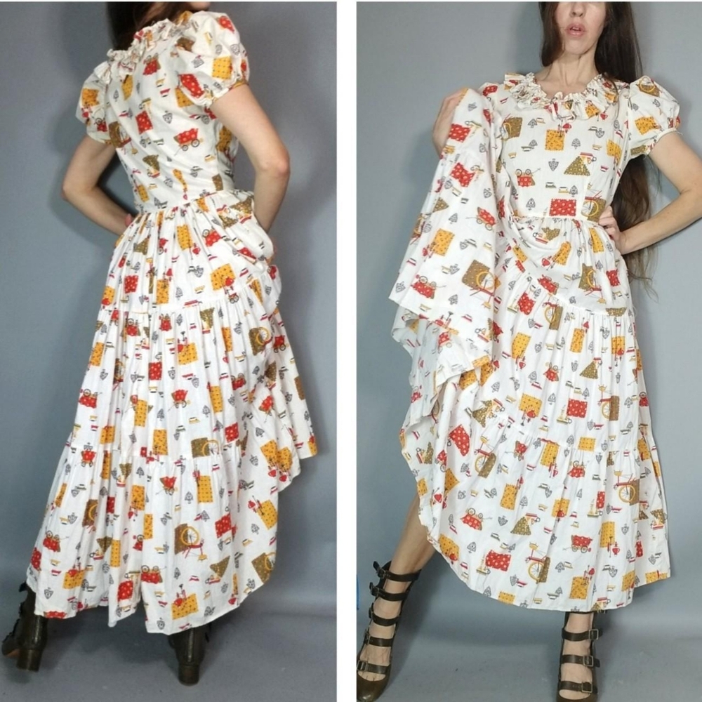 Vintage Puff Sleeve Novelty Print Maxi Dress xxs xs